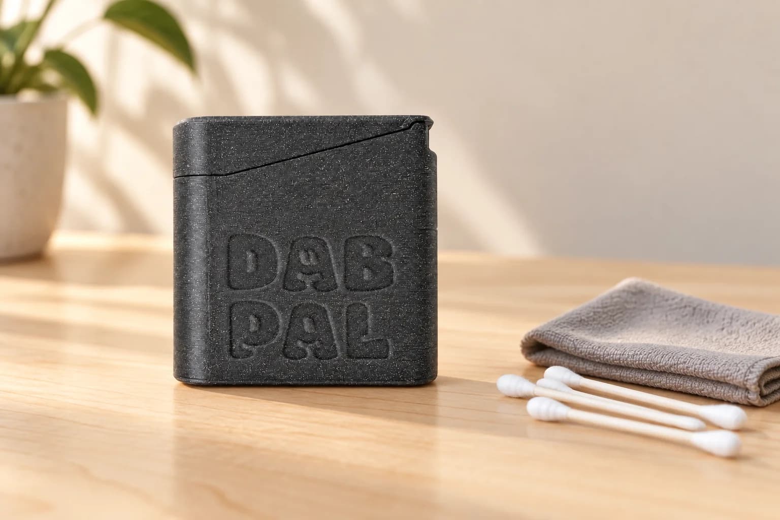 Closed Slate Dab Pal on a wooden desk beside cotton swabs and a folded cloth