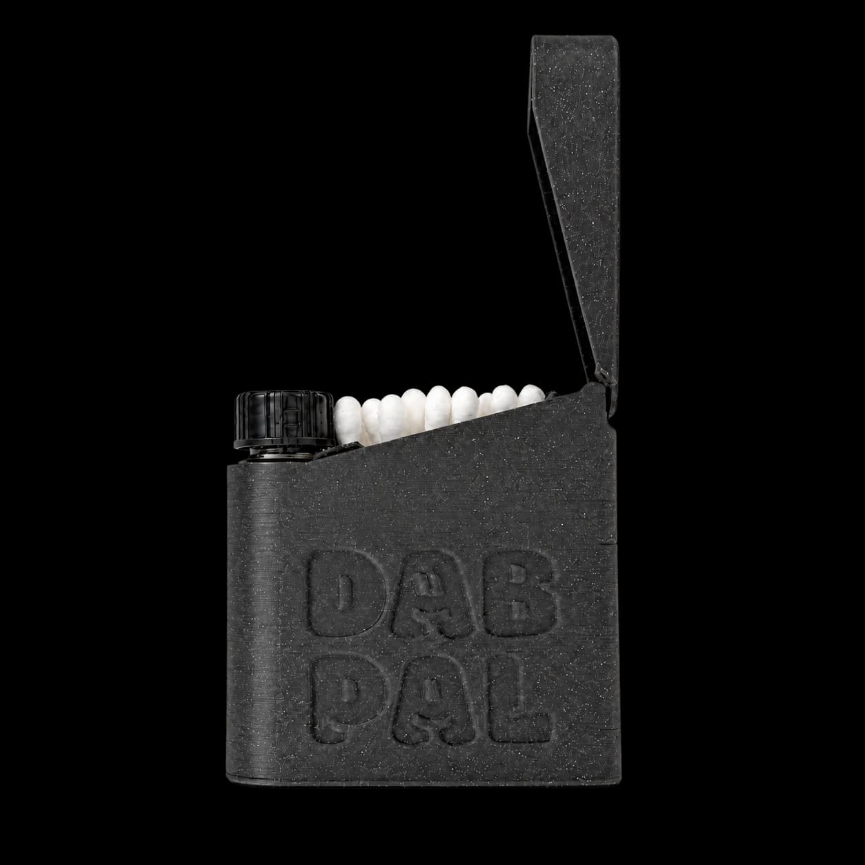 Slate Dab Pal case with a bottle and example swabs, shown open