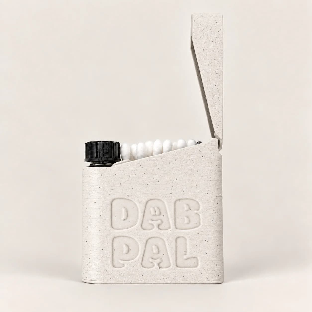 Open Marble Dab Pal case with cotton swabs and its capped bottle