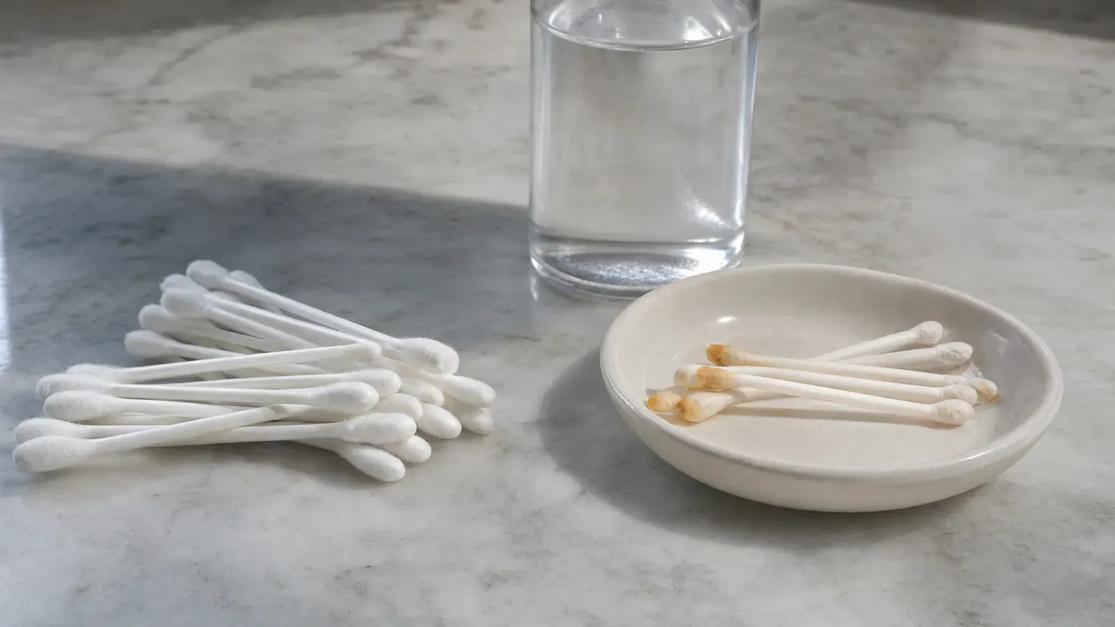 Clean cotton swabs separated from lightly used swabs in a dish