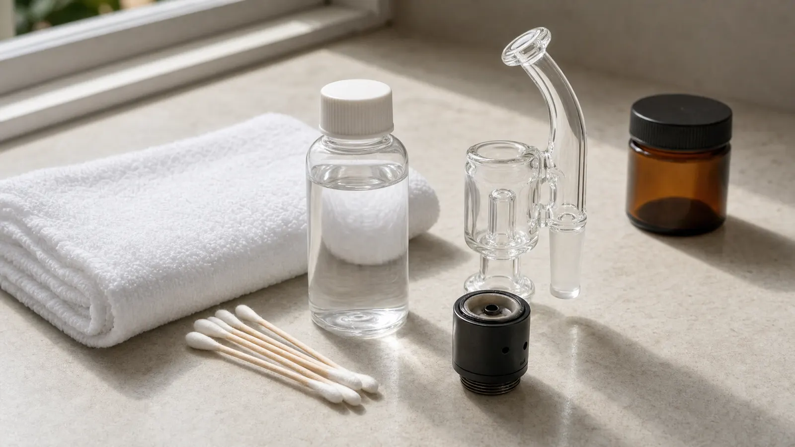Ceramic chamber cup and contact plate with cotton swabs, iso bottle, and towel