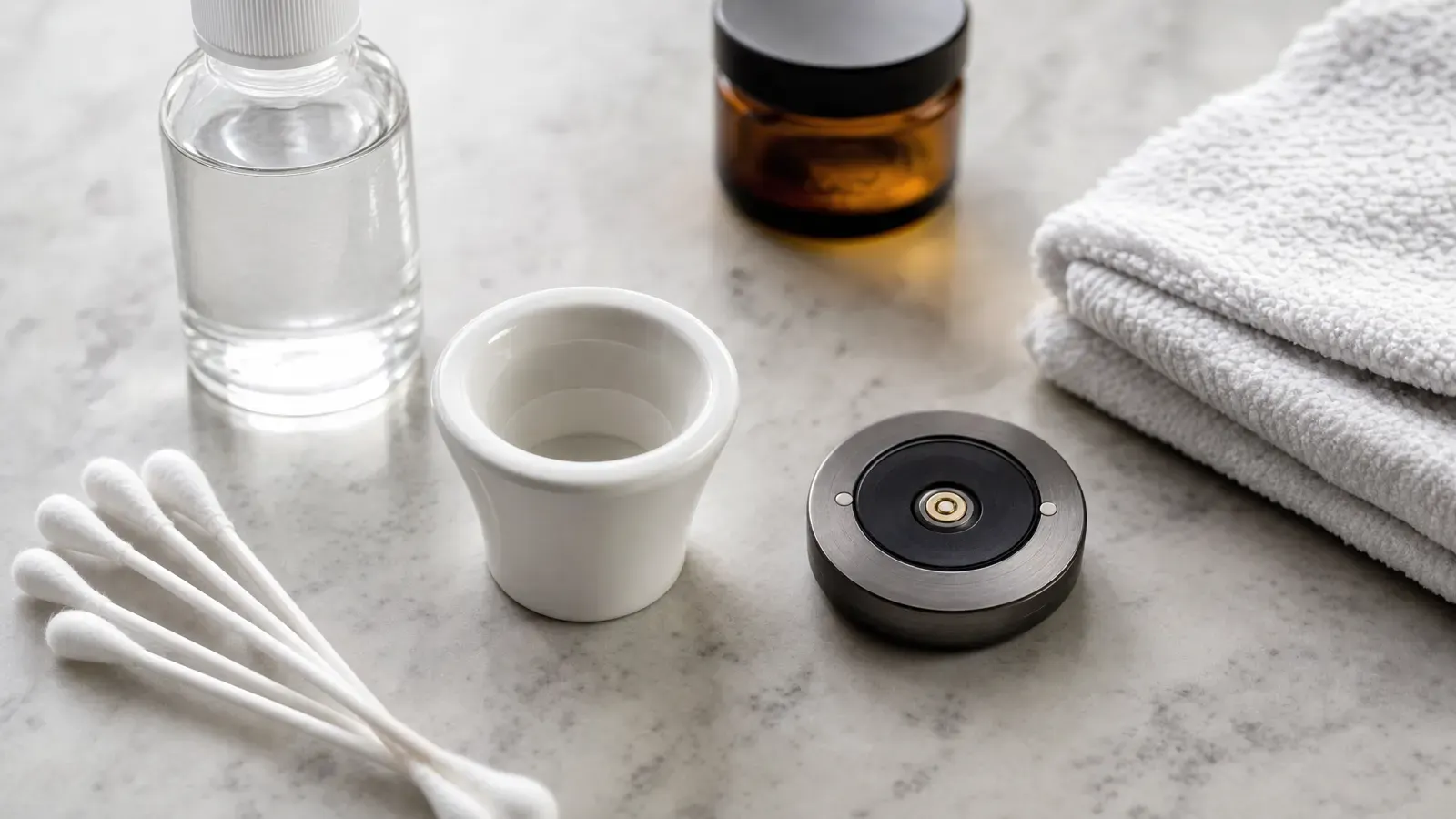 Ceramic chamber cup, contact plate, cotton swabs, iso bottle, towel, and closed amber jar