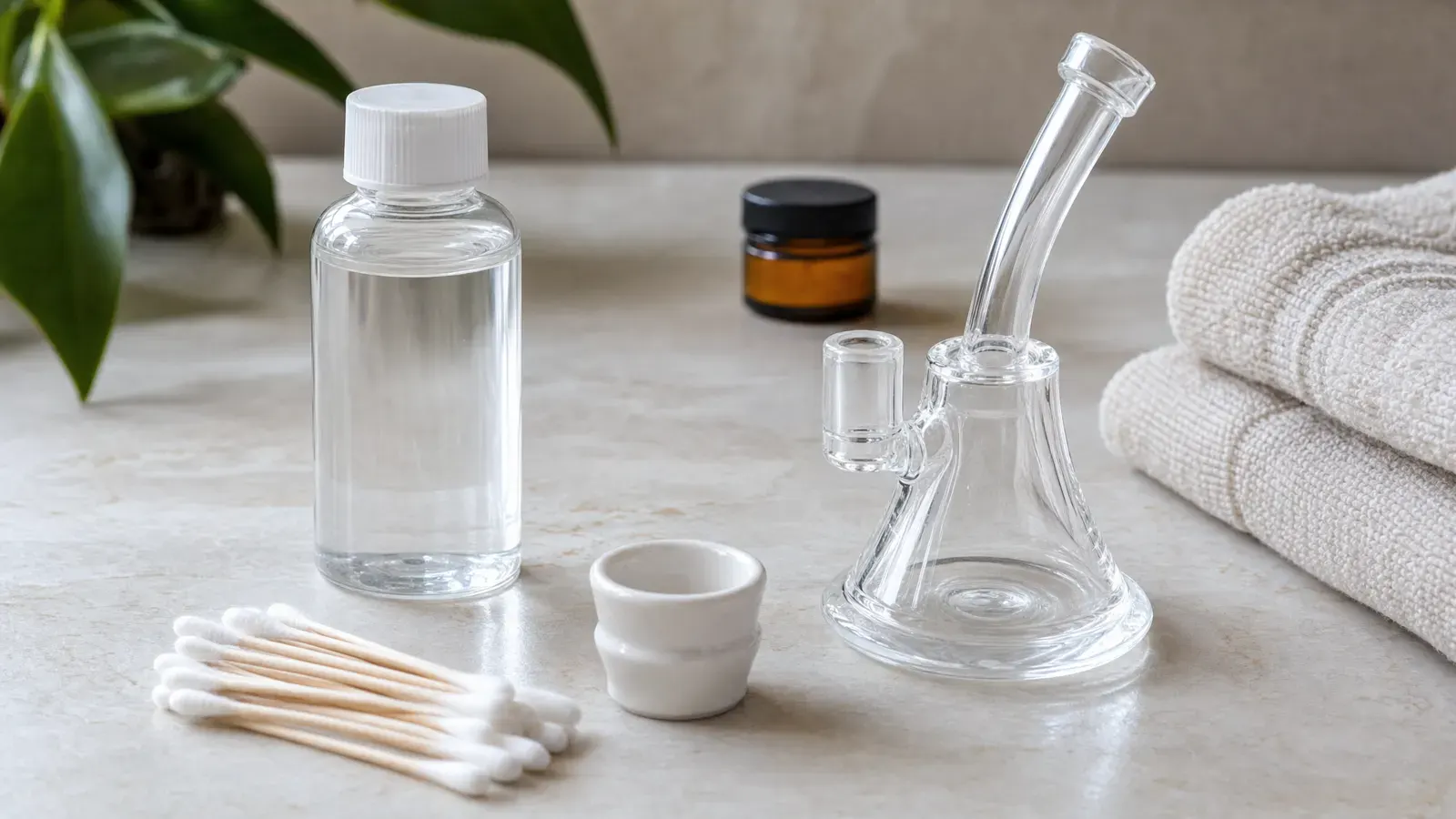Cotton swabs, iso bottle, glass attachment, towel, and closed amber jar