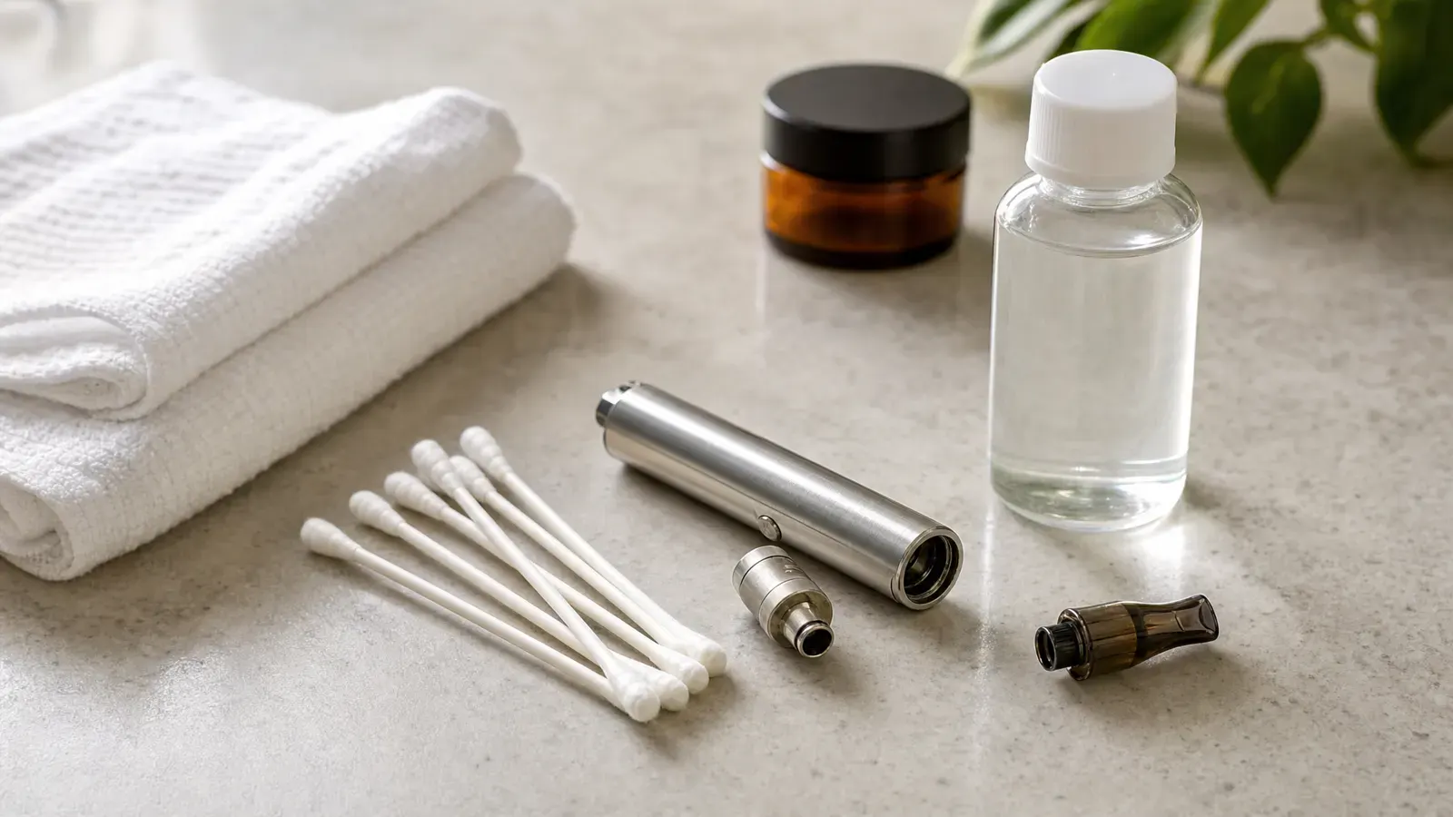 Unbranded pen-style device parts with cotton swabs, iso bottle, towel, and closed amber jar