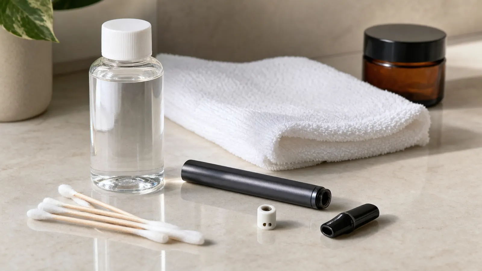 Unbranded pen-style device parts with cotton swabs, iso bottle, towel, and closed amber jar