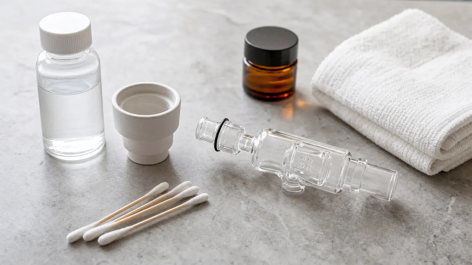 Compact glass attachment, ceramic cup, cotton swabs, iso bottle, towel, and closed amber jar