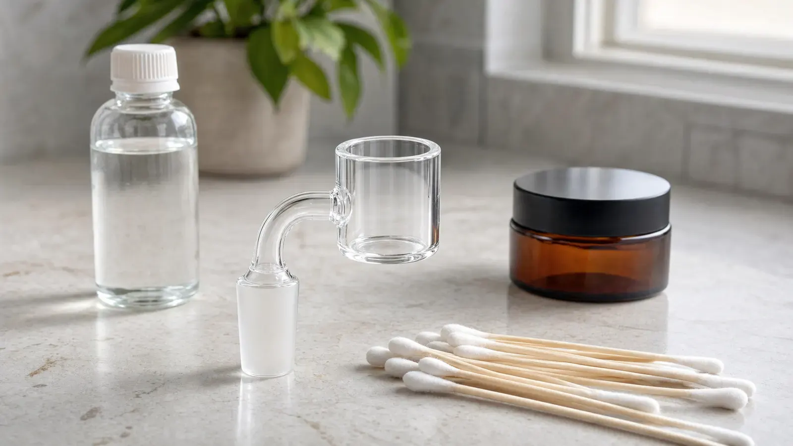 Quartz banger with cotton swabs, iso bottle, and closed amber jar