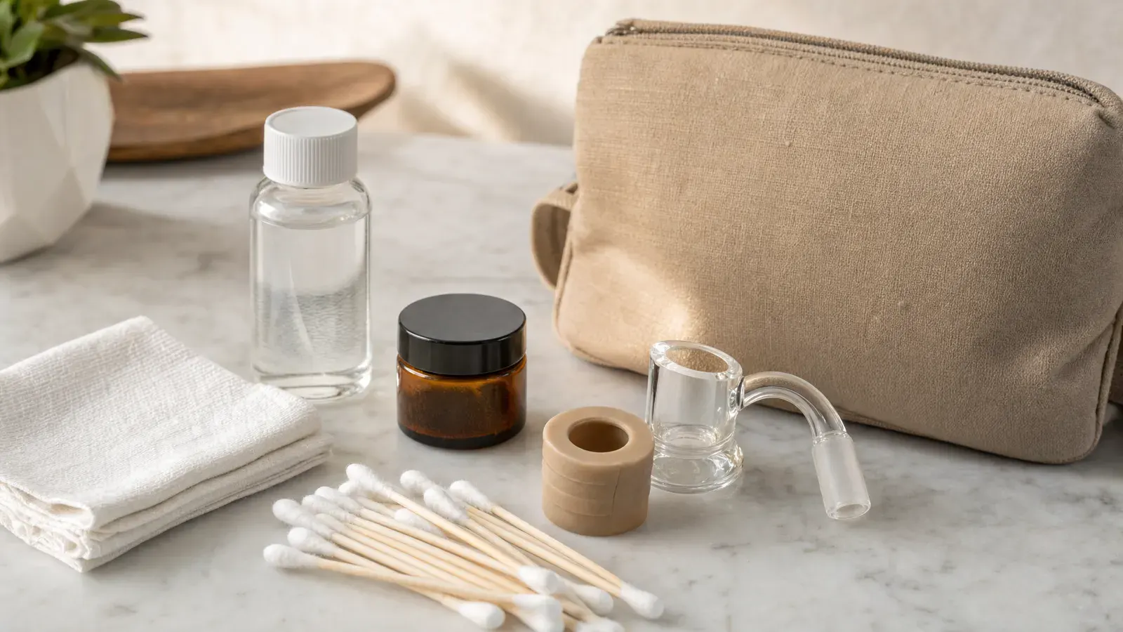 Travel pouch with cotton swabs, iso bottle, quartz piece, cloth, and closed amber jar